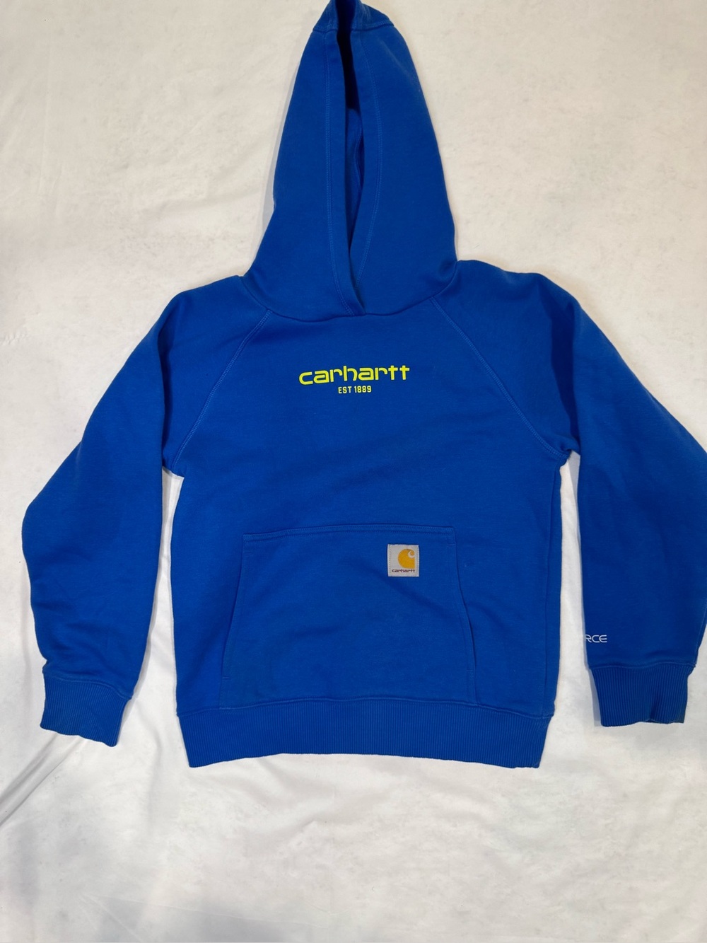 Carhartt Boys Hoodie Size S 8-10 Royal Blue Yellow Logo Pullover Sweatshirt